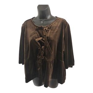 Brown velvet bow front detail peplum style whimsy blouse shirt size XL brand new